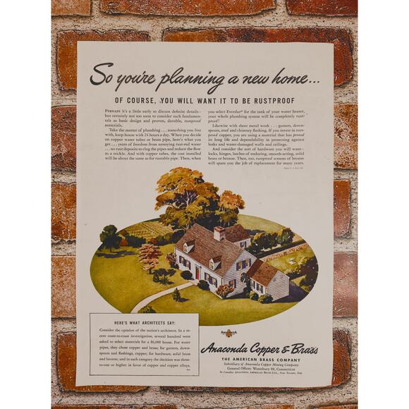 1944 Anaconda Copper & Brass "So You're Planning a New Home" Vtg Print Ad‎ - Picture 3 of 5